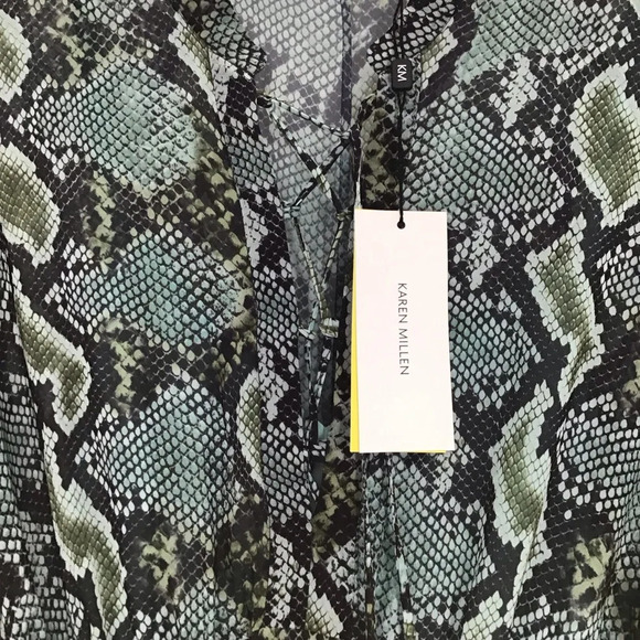 Karen Millen Snake Print Ruffle Bell Sleeve Midi Dress Green/Black NWT Size 14 - Picture 5 of 11